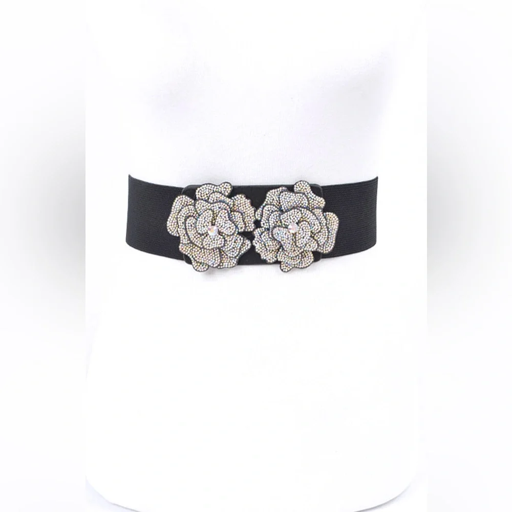 Black Wide Waist Statement Belt with Silver Rhinestone Flowers